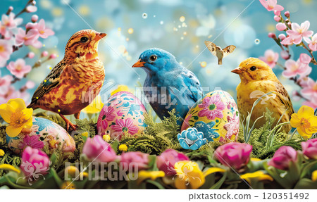 Vibrant scene with birds, Easter eggs, and blooming flowers against a blue sky. Generate AI Vibrant scene with birds, Easter eggs, and blooming flowers against a blue sky. Generate AI 120351492