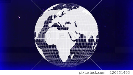 Rotating globe with grid lines image over dark blue background 120351493