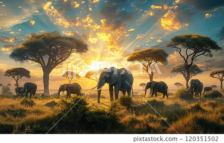 Herd of African elephants roaming wild with a vivid sunset sky in the background. Generate AI 120351502