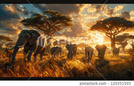 Herd of African elephants roaming wild with a vivid sunset sky in the background. Generate AI 120351503