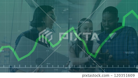 Financial graph image over diverse colleagues discussing work in modern office Financial graph image over diverse colleagues discussing work in modern office 120351609