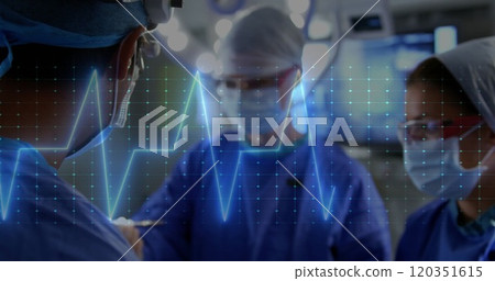 Heartbeat image over surgeons performing medical procedure in operating room Heartbeat image over surgeons performing medical procedure in operating room 120351615