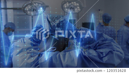 Medical professionals performing surgery with heartbeat image over grid background Medical professionals performing surgery with heartbeat image over grid background 120351628
