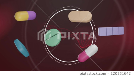 Image of pills medication over dna strand spinning 120351642
