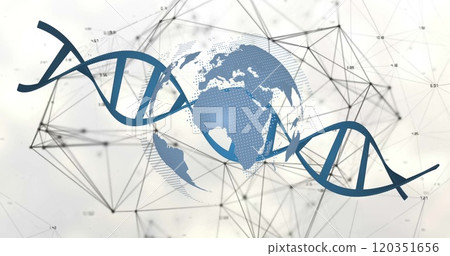 Image of globe and dna strand over network of connections on white background Image of globe and dna strand over network of connections on white background 120351656
