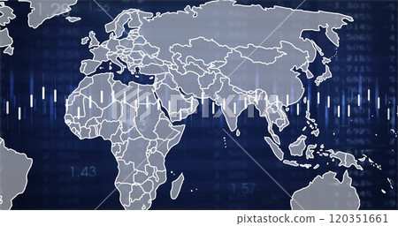 Image of data processing over world map on black background 120351661