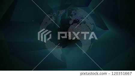 Image of globe over shapes on black background 120351667