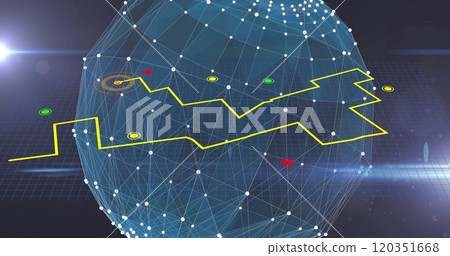 Image of network of connections over globe and light trails on black background 120351668