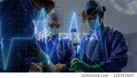 Medical team performing surgery with heartbeat image over them 120351683