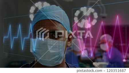 Surgeon in operating room with heart rate monitoring image over his face 120351687