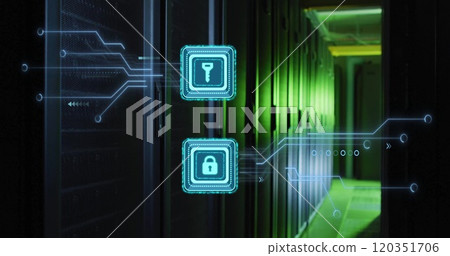 Digital security icons image over data center servers with green lighting 120351706