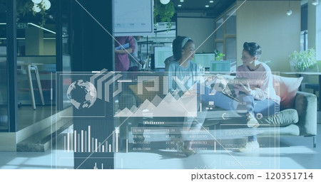 Business data analytics image over two women discussing in modern office Business data analytics image over two women discussing in modern office 120351714