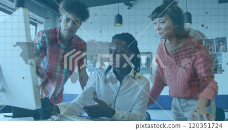 World map and data points image over diverse team collaborating in office 120351724