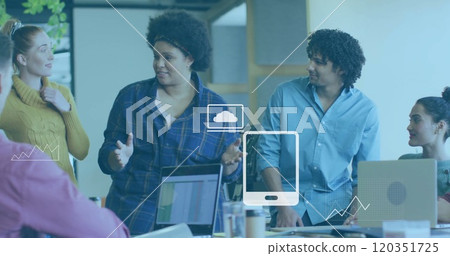 Business data charts image over diverse team discussing in modern office 120351725