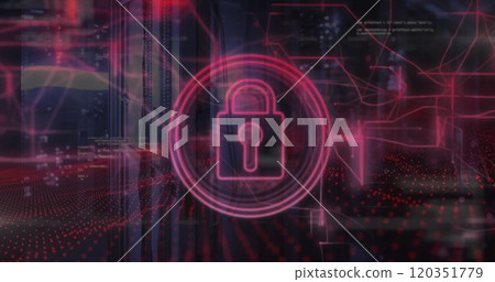 Image of padlock icon and data processing over computer servers 120351779