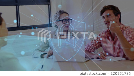 Image of padlock and network of connections over diverse business people in office 120351785