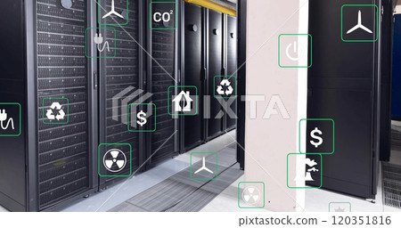 Image of ecology icons over server room 120351816