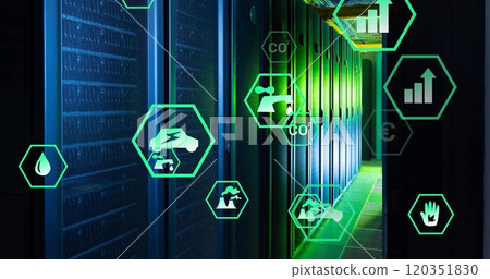 Image of ecology icons over server room Image of ecology icons over server room 120351830