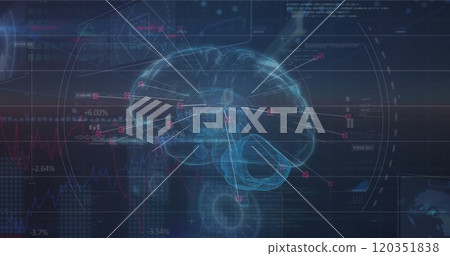 Image of brain with network of connections and data processing on blue background 120351838
