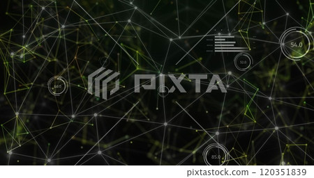 Image of network of connections over data processing on black background Image of network of connections over data processing on black background 120351839