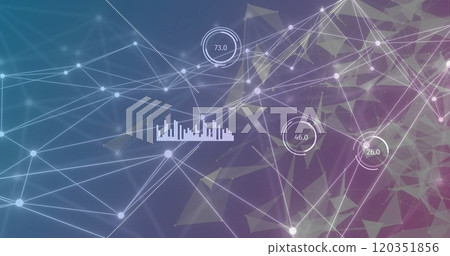 Image of network of connections over data processing on purple background 120351856
