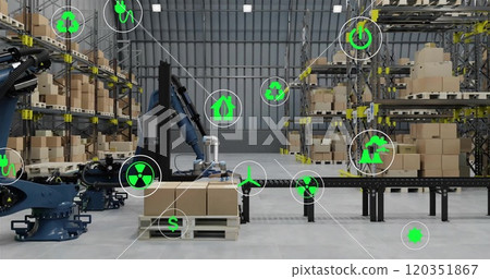 Image of ecology icons over warehouse Image of ecology icons over warehouse 120351867