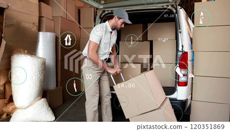 Image of data processing and ecology icons over caucasian male deliverer packing car Image of data processing and ecology icons over caucasian male deliverer packing car 120351869