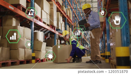 Image of data processing and ecology icons over warehouse 120351870