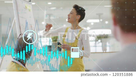 Image of financial data processing with icons over diverse colleagues having meeting in office Image of financial data processing with icons over diverse colleagues having meeting in office 120351886