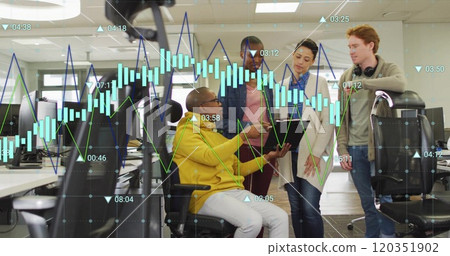 Image of financial data processing over diverse colleagues having meeting in office Image of financial data processing over diverse colleagues having meeting in office 120351902
