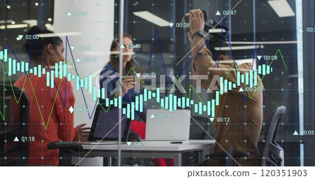 Image of financial data processing over diverse colleagues having meeting in office Image of financial data processing over diverse colleagues having meeting in office 120351903