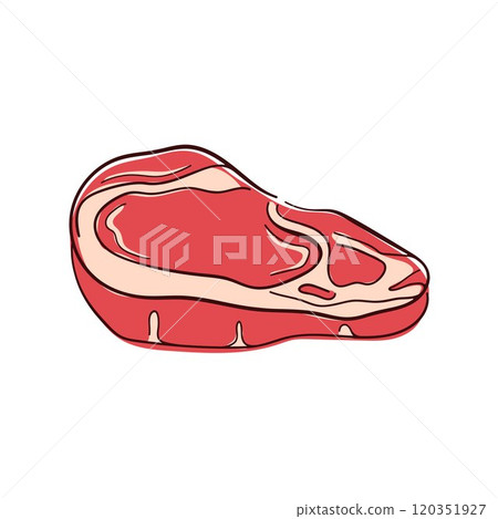 Raw steak piece with marbling in flat syle. Perfect for culinary, food, or grocery design. Isolated on white background. Raw steak piece with marbling in flat syle. Perfect for culinary, food, or grocery design. Isolated on white background. 120351927