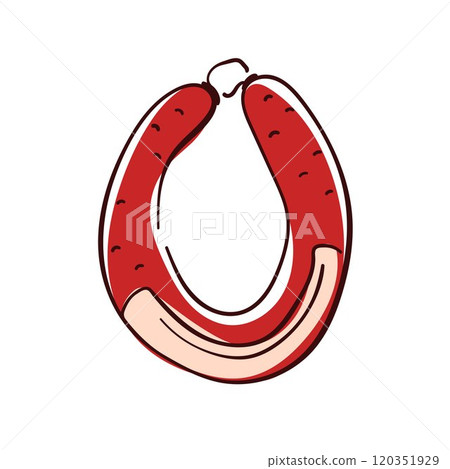 Traditional sausage ring in flat style. Salami design for culinary, barbecue or market. Isolated on white background. Traditional sausage ring in flat style. Salami design for culinary, barbecue or market. Isolated on white background. 120351929