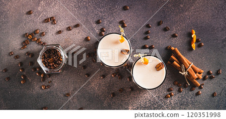 Carajillo cocktail of espresso and liqueur in glasses on table top view web banner Carajillo cocktail of espresso and liqueur in glasses on table top view web banner 120351998