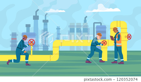 Cartoon Color Characters People Gas Workers Petroleum Pipeline Engineers Concept Flat Design Style. Vector illustration of Regulate Valves 120352074