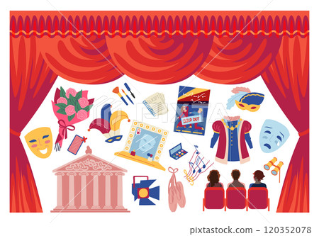 Cartoon Color Characters People and Theater Concept Flat Design Style Include of Audience and Stage. Vector illustration 120352078
