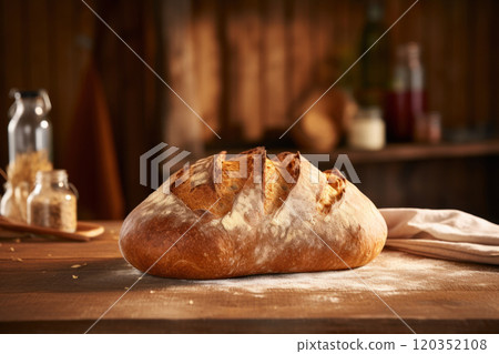 Bread on wooden table against backdrop of blurred kitchen. Freshly baked loaf of bread with crispy crust. Made from organic whole grain wheat flour. For bakery, food blog, recipe book, restaurant. 120352108