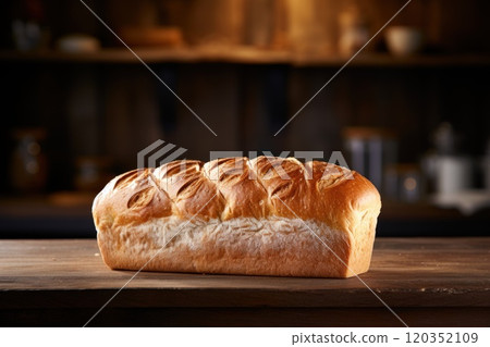 Bread on wooden table against backdrop of blurred kitchen. Golden brown loaf of bread with crispy crust. Made from organic whole grain wheat flour. For bakery, food blog, recipe book, cafe Bread on wooden table against backdrop of blurred kitchen. Golden brown loaf of bread with crispy crust. Made from organic whole grain wheat flour. For bakery, food blog, recipe book, cafe 120352109