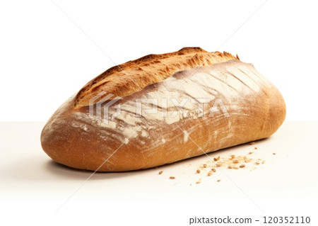 Bread on a white background. Freshly baked golden brown loaf of bread with crispy crust. Made from organic whole grain wheat flour. Healthy food. For bakery, food blog, recipe book, cafe, restaurant. Bread on a white background. Freshly baked golden brown loaf of bread with crispy crust. Made from organic whole grain wheat flour. Healthy food. For bakery, food blog, recipe book, cafe, restaurant. 120352110