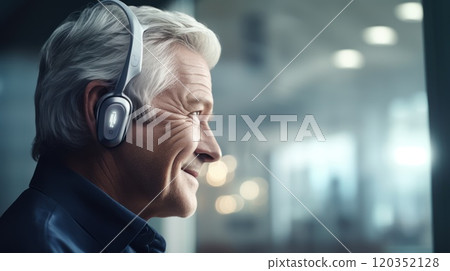 Hearing aid device on an elderly persons ear. Treatment of people with hearing loss. Medicine and science. Ideal for showcasing in medical and healthcare services. 120352128