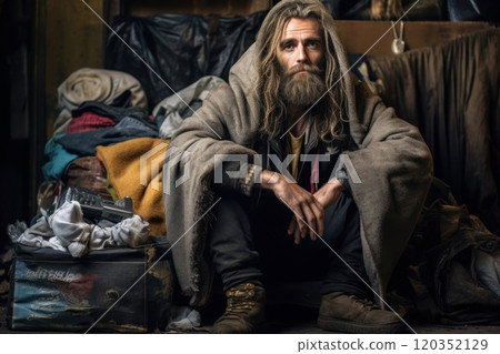 Homeless person close-up. An unkempt homeless man with long hair, a beard and mustache in an old dirty clothes. Pure piercing gaze. Tramp, beggar. Social problems. Hobo fashion 120352129