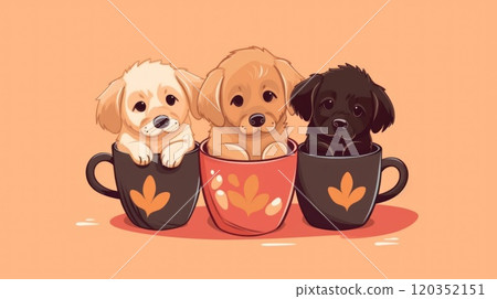 Cute cartoon illustration of puppies in cups, ideal for pet lovers and animal-related designs. Perfect for greeting cards, posters, or pet care websites 120352151
