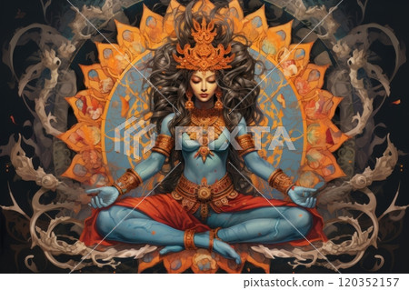 Goddess Shakti. Hindu deity. A woman with blue skin. Fantasy lady. Shakti is meditating. On abstract background. Illustration. Ideal for mythology, fantasy, religious, digital art project 120352157