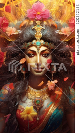 Fantasy Illustration of a woman with long curly hair with flowers, against abstract background. Goddess Shakti. Hindu deity. Ideal for mythology, fantasy, religious, digital art project 120352158