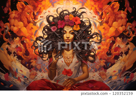 Fantasy Illustration of a woman with long curly hair with flowers, against abstract background. Goddess Shakti. Hindu deity. Ideal for mythology, fantasy, religious, digital art project 120352159