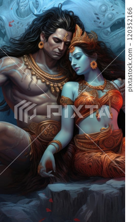 Shiva and Shakti unite to bring forth new universe, symbolizing process of creation and destruction in Hinduism. Hindu deities. Man and woman in love on background of fire and water. Illustration 120352166