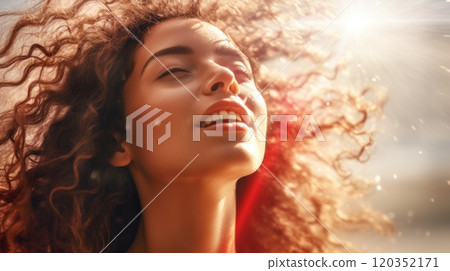 Portrait of woman with curly hair with natural makeup in the sunlight. Happy lady enjoying the sun. Banner with copy space. Ideal for beauty or hair care advertisements. Portrait of woman with curly hair with natural makeup in the sunlight. Happy lady enjoying the sun. Banner with copy space. Ideal for beauty or hair care advertisements. 120352171
