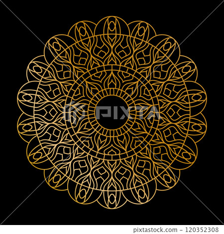 A luxurious ornament. Symmetrical pattern in Tantric yoga of Buddhism and Hinduism. Golden mandala pattern. A design element for a creative idea A luxurious ornament. Symmetrical pattern in Tantric yoga of Buddhism and Hinduism. Golden mandala pattern. A design element for a creative idea 120352308