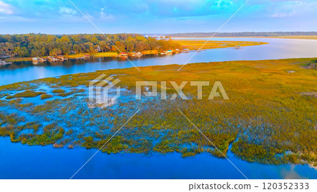 Beautiful evening view over Isle of Hope at Savannah Georgia - aerial view Beautiful evening view over Isle of Hope at Savannah Georgia - aerial view 120352333