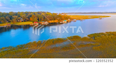 Beautiful sunset view over Isle of Hope at Savannah Georgia - aerial view Beautiful sunset view over Isle of Hope at Savannah Georgia - aerial view 120352352